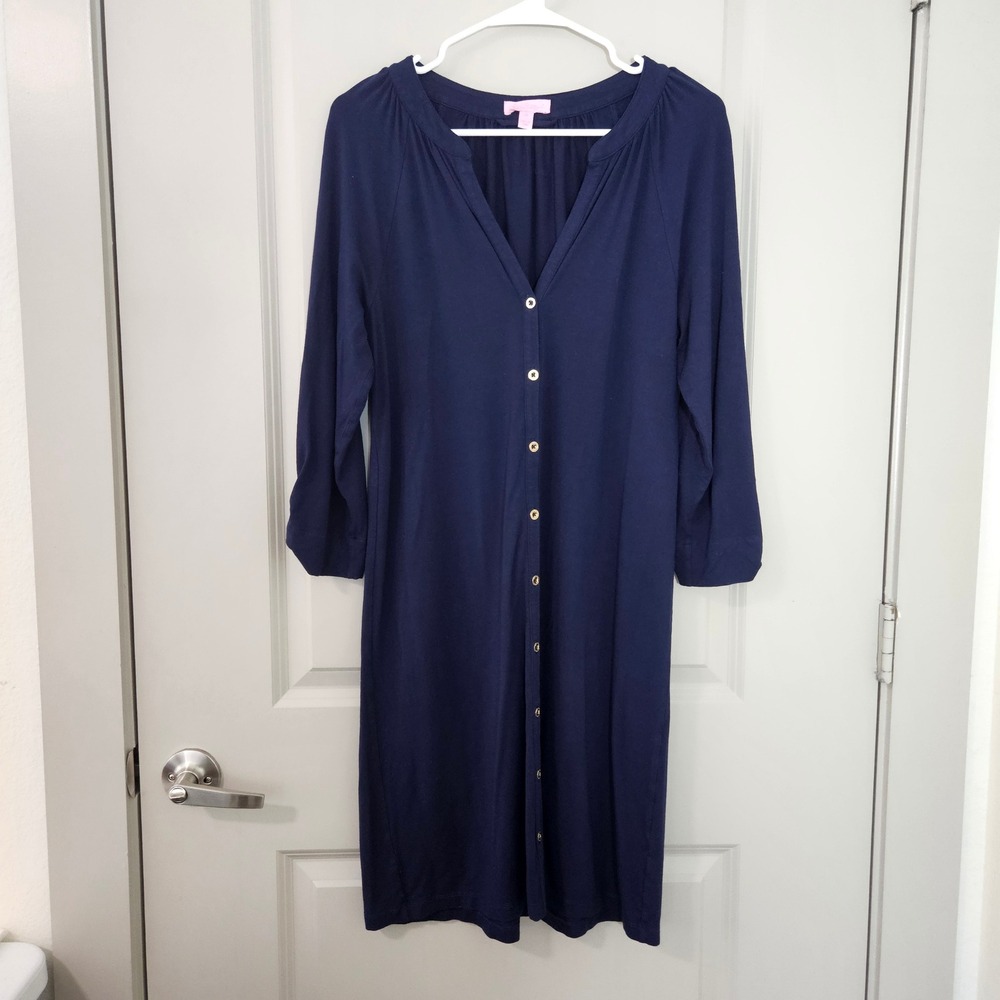 Lilly Pulitzer Navy Blue Button Front Knit Shirt Dress Gold Buttons Size M